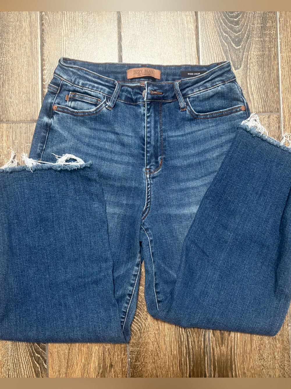 Judy Blue Medium Dark Blue Raw Hem Wide Cropped Straight Jeans